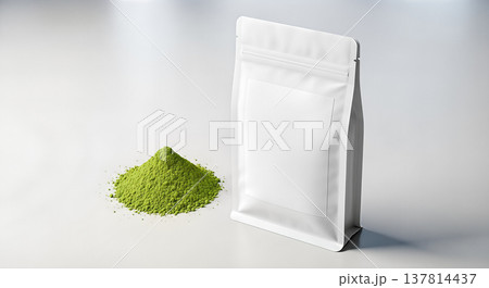 blank white pouch bag mockup beside pile green matcha tea powder healthy organic superfood product packaging template realistic 3d rendering copy space blank white pouch bag mockup beside pile green matcha tea powder healthy organic superfood product packaging template realistic 3d rendering copy space 137814437