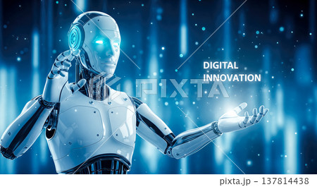 futuristic humanoid robot presenting digital innovation text glowing blue particles abstract background artificial intelligence machine learning technology concept 3d rendering graphic illustration 137814438