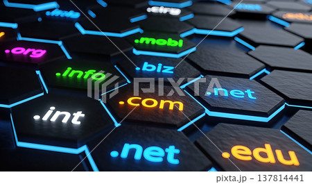 glowing domain name extensions com net org info biz hexagon tiles black background internet communication web hosting website network digital technology concept glowing domain name extensions com net org info biz hexagon tiles black background internet communication web hosting website network digital technology concept 137814441