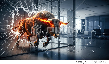 Furious bull with glowing eyes breaking through glass wall in modern office stock market crash financial power aggressive trend Furious bull with glowing eyes breaking through glass wall in modern office stock market crash financial power aggressive trend 137814447