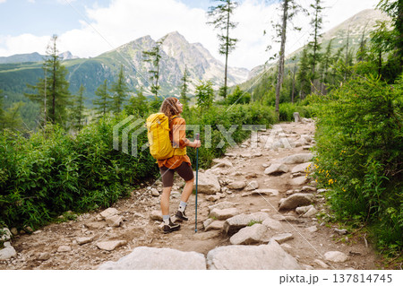 Young woman traveler hiking poles on trail among the mountains. Hiking. Active lifestyle. 137814745