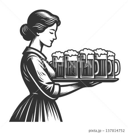 Waitress Serving Beer Mugs raster illustration Waitress Serving Beer Mugs raster illustration 137814752