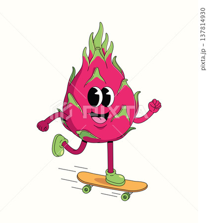 dragon fruit skateboard groovy cartoon illustration 137814930