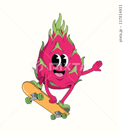 dragon fruit skateboard style groovy cartoon illustration dragon fruit skateboard style groovy cartoon illustration 137814931