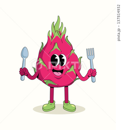 dragon fruit spoon and fork style groovy cartoon illustration dragon fruit spoon and fork style groovy cartoon illustration 137814932