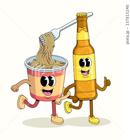 instant noodles cup and bottled beer groovy cartoon illustration 137815240