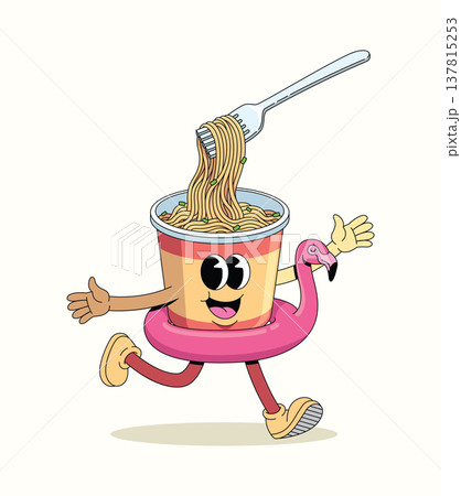 instant noodles cup flamingo float groovy cartoon illustration 137815253