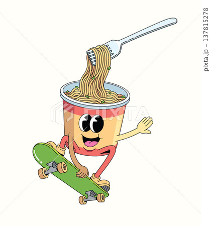 instant noodles cup skateboard style groovy cartoon illustration 137815278