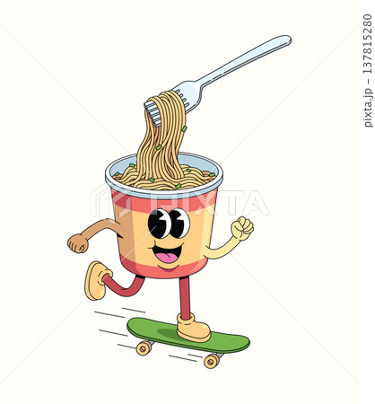instant noodles cup skateboard walk groovy cartoon illustration 137815280