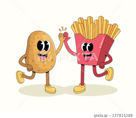 potato and french fries high five groovy cartoon illustration potato and french fries high five groovy cartoon illustration 137815289