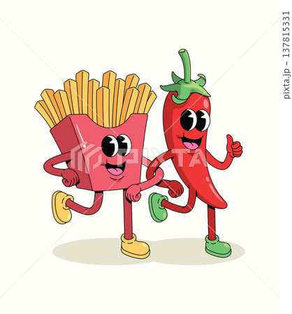 red chili and french fries groovy cartoon illustration 137815331