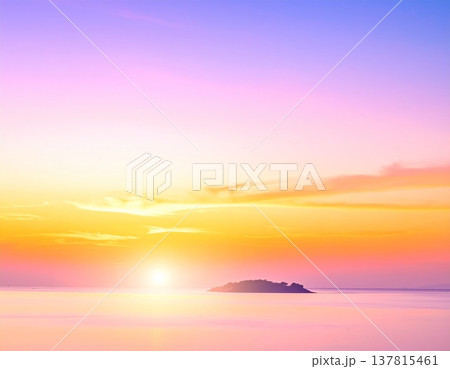 パステルカラーの夕焼けと静かな海に浮かぶ島、幻想的で穏やかな風景背景素材 137815461
