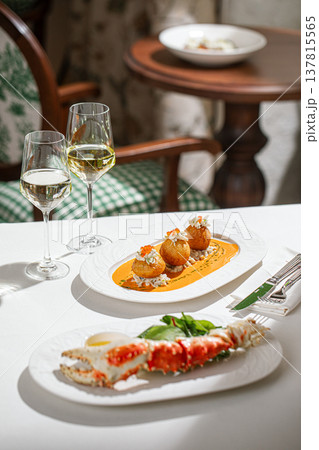 Gourmet appetizers with seafood and white wine 137815565