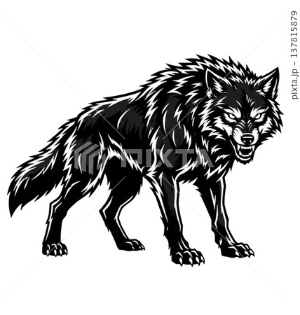 A fierce wolf with its mouth open standing on a dark background 137815879
