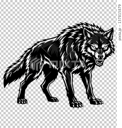 A fierce wolf with its mouth open standing on a dark background 137815879