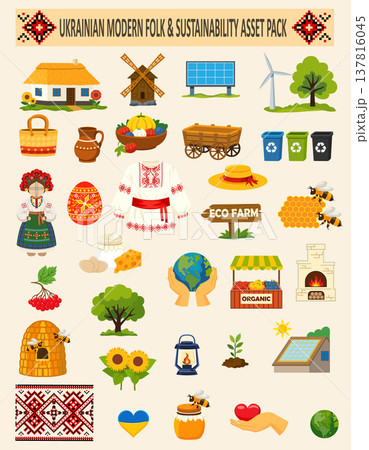 flat set inspired by Ukrainian folk culture and sustainable living the collection features vector illustration 137816045