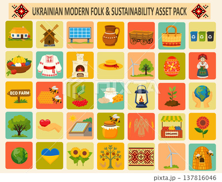 flat set inspired by Ukrainian folk culture and sustainable living the collection features vector illustration 137816046