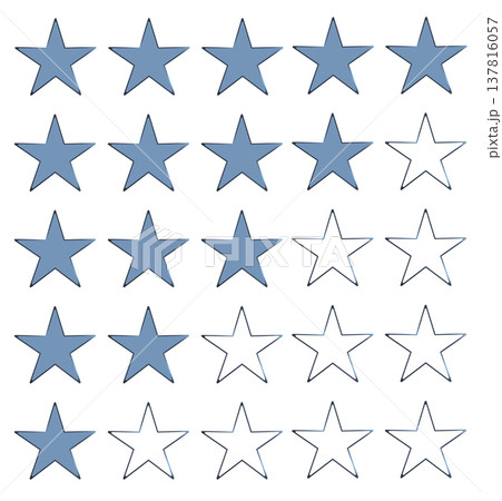 Blue star rating scale with filled and outlined five point symbols arranged in grid. Evaluation level represented by progressive icon selection from full to empty shapes. Customer feedback, Blue star rating scale with filled and outlined five point symbols arranged in grid. Evaluation level represented by progressive icon selection from full to empty shapes. Customer feedback, 137816057