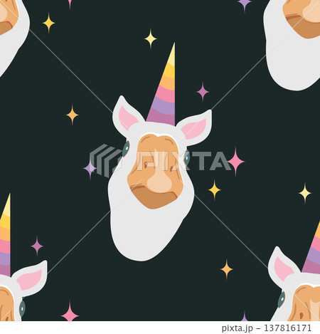 Seamless pattern with funny unicorn horn goose head. Magic concept and cute birthday or inspirational background. Vector illustration 137816171