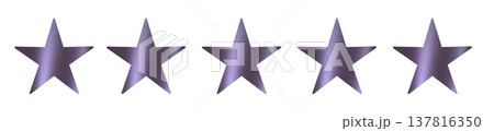 Row of five purple star icons aligned on light background. Rating scale represented by identical filled five point symbols. Customer review, feedback score, quality evaluation concept.. Row of five purple star icons aligned on light background. Rating scale represented by identical filled five point symbols. Customer review, feedback score, quality evaluation concept.. 137816350
