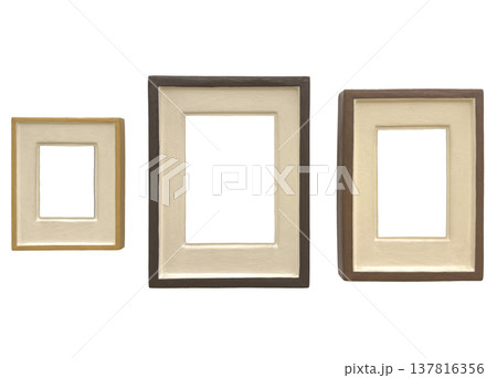 Set of three wooden picture frames with beige mat passepartout isolated on white background. Set of three wooden picture frames with beige mat passepartout isolated on white background. 137816356