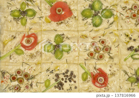 Focaccia art with vegetable flower patterns 137816966