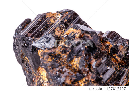 macro mineral stone sherle, schorl, black tourmaline on white background macro mineral stone sherle, schorl, black tourmaline on white background 137817467