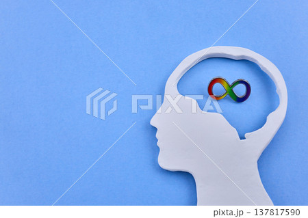 Human head silhouette with rainbow infinity symbol representing neurodiversity 137817590