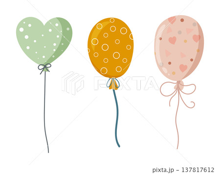 Cute festive balloons with patterns, isolated on a white background. Flat vector cartoon illustration of heart- and oval-shaped balloons for birthdays and other special occasions. Cute festive balloons with patterns, isolated on a white background. Flat vector cartoon illustration of heart- and oval-shaped balloons for birthdays and other special occasions. 137817612