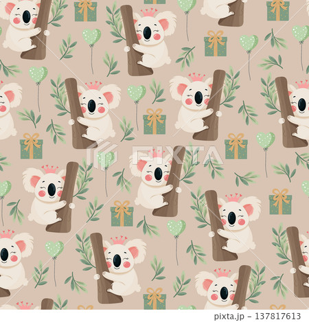 Cute Koala Princess Seamless Pattern with Balloons and Gifts. Adorable nursery style background with baby koala, leaves and birthday elements on white backdrop for kids design. 137817613