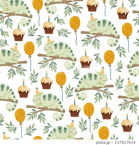 Cute Chameleon Birthday Seamless Pattern with Cupcakes and Balloons. Adorable jungle party background featuring cartoon reptiles on branches, festive hats. 137817614