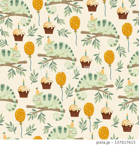 Cute Chameleon Birthday Seamless Pattern with Cupcakes and Balloons. Adorable jungle party background featuring cartoon reptiles on branches, festive hats. 137817615