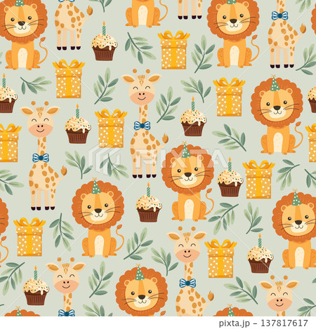 Cute Safari Birthday Seamless Pattern with Lions and Giraffes. Adorable jungle animals with cupcakes, gifts and party hats in pastel colors. Flat vector illustration Cute Safari Birthday Seamless Pattern with Lions and Giraffes. Adorable jungle animals with cupcakes, gifts and party hats in pastel colors. Flat vector illustration 137817617