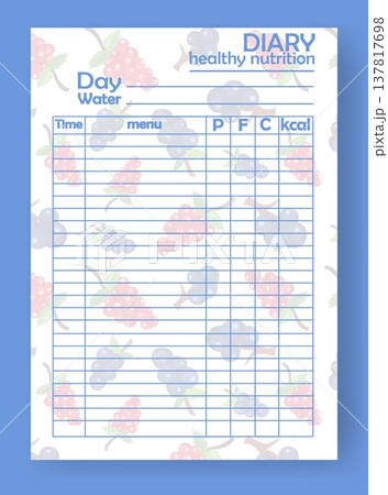 This is a blank diary template designed for tracking healthy eating habits. It includes spaces for daily water intake, menu items, and calorie counts with a fruit-themed background 137817698