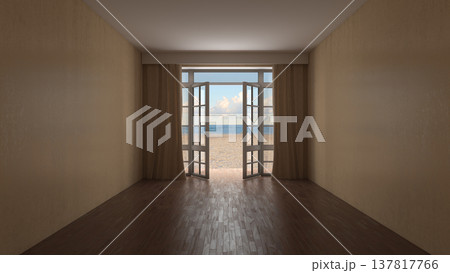 Empty Room with Open French Doors to Beach and Ocean View 137817766