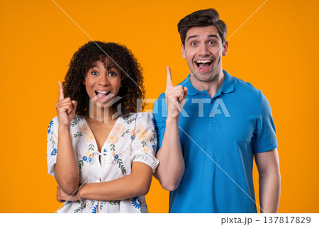 Creative Idea, Young Couple Woman and Man, Eureka Moment, Pointing Fingers Up 137817829
