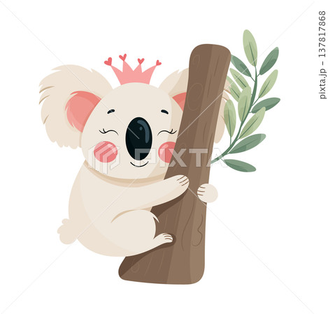 A cute little koala princess hugging a tree trunk. Vector illustration. Adorable cartoon animal in pastel colors. Flat vector clipart, illustration with isolated background. 137817868