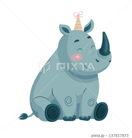 A cute baby rhinoceros sits with a smile in a festive hat in soft pastel colors. Flat vector clipart, illustration with isolated background. 137817873
