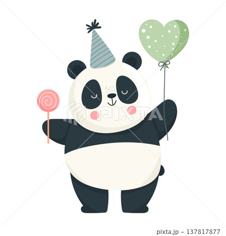 A cute cartoon illustration of a birthday panda with a balloon and a lollipop. Adorable panda character. Flat vector clipart, illustration with isolated background. A cute cartoon illustration of a birthday panda with a balloon and a lollipop. Adorable panda character. Flat vector clipart, illustration with isolated background. 137817877