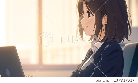 オフィスで仕事をするアニメ調の日本人美少女 137817917