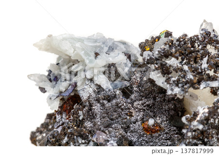 Macro mineral stone Drusus quartz with sphalerite in the rock a white background 137817999