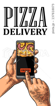 Vertical banner hands touching a mobile phone for order pizza 137818073