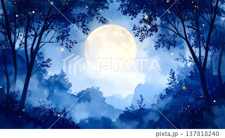 水彩風の満月と森の幻想背景 静寂と癒しを感じる夜の自然イメージ素材 水彩風の満月と森の幻想背景 静寂と癒しを感じる夜の自然イメージ素材 137818240