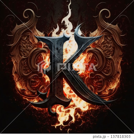 Burning letter K in the form of a shield on a dark background 137818303