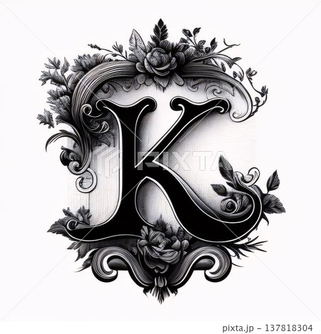 Vintage monogram with floral ornament, letter K in black. 137818304