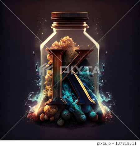 Letter K in a bottle with fire and smoke on dark background. Letter K in a bottle with fire and smoke on dark background. 137818311