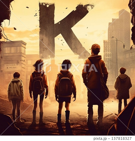 Silhouette of a group of schoolchildren with backpacks standing in front of the letter K 137818327