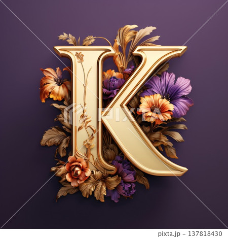 Golden letter K with flowers and leaves on a purple background. 3d render 137818430