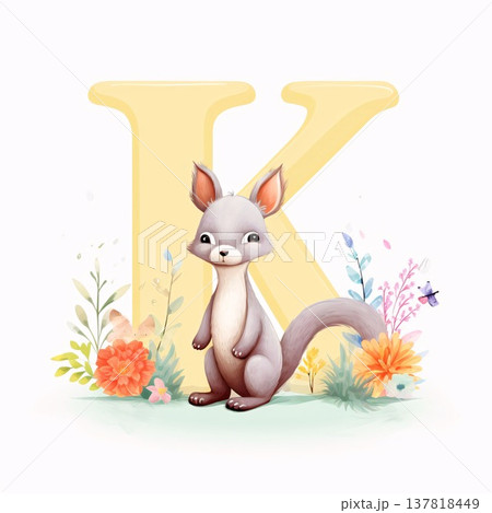 Alphabet letter K with cute squirrel and flowers. Vector illustration. Alphabet letter K with cute squirrel and flowers. Vector illustration. 137818449