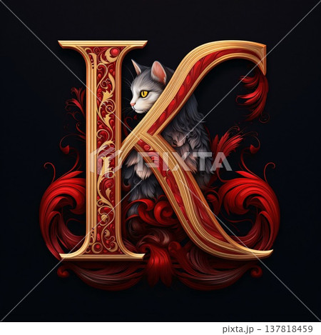 Vintage letter K with a cat in the style of Baroque. 137818459